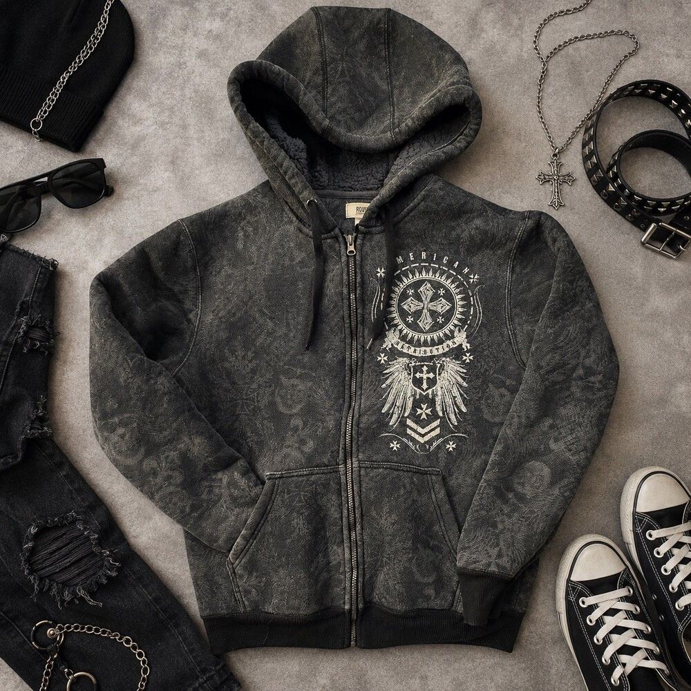 Y2K Grunge Gothic Sherpa Hoodie Mens M Full Zip Acid Wash